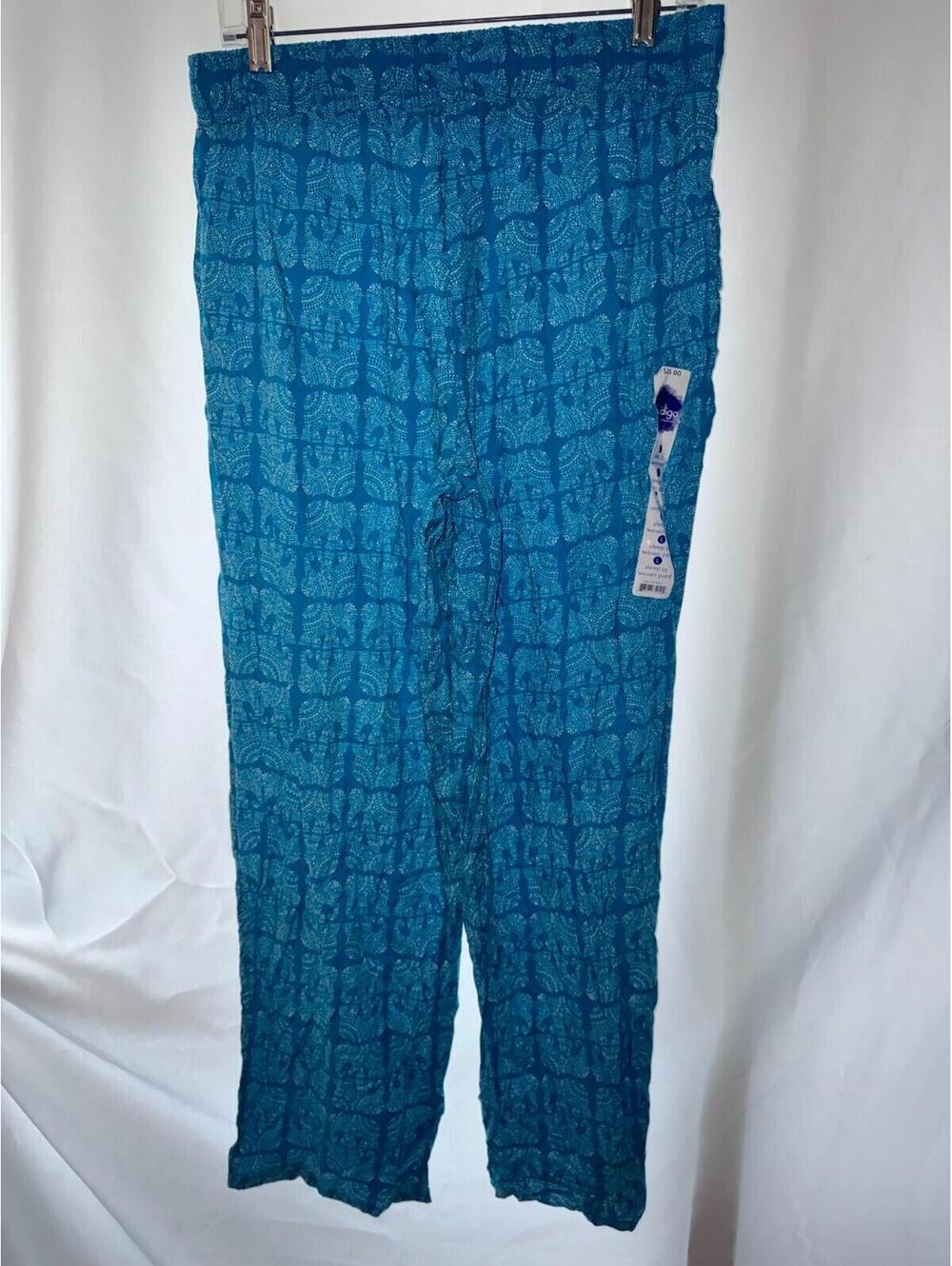 Indigo Sleep Pants - blue with elephants - size Large - drawstring waist